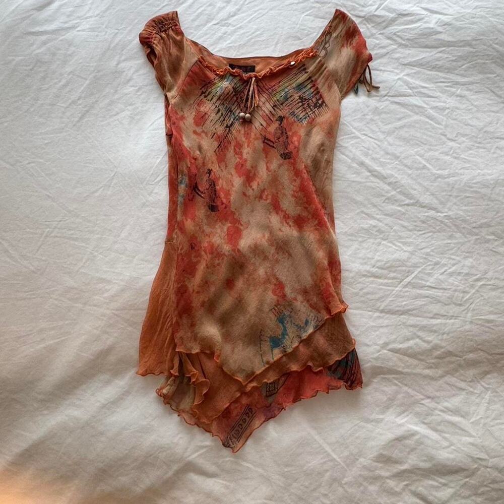 Orange tan real silk  tie-dye top with ruffles and beaded details